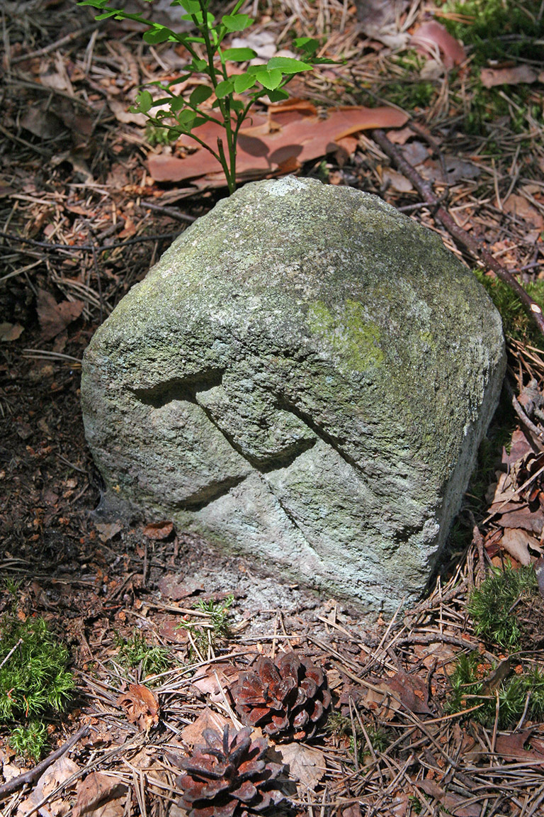 Velmi pěkný kamenný patník vytesaným symbolem báňského revíru (pod Lázskou)
